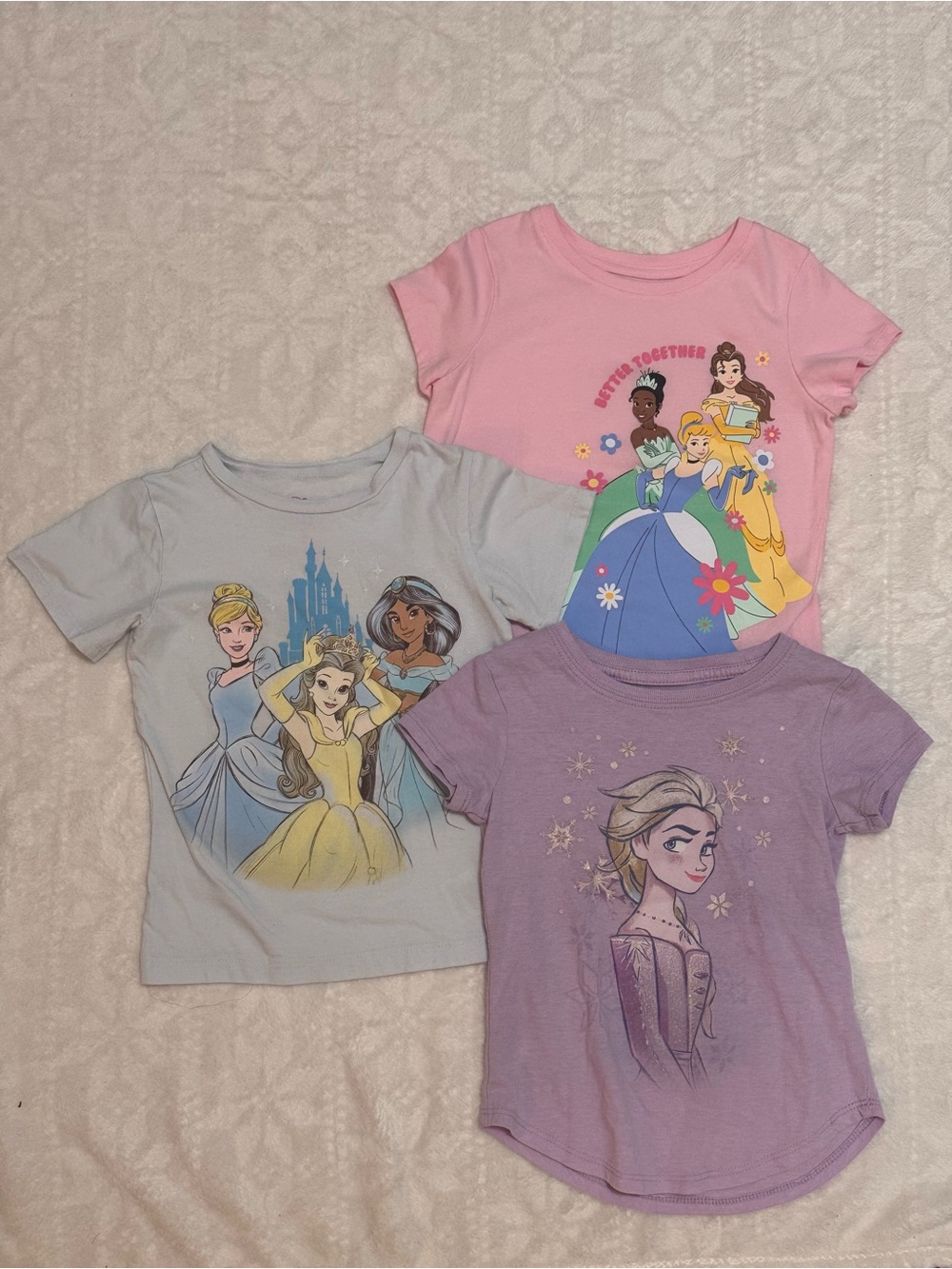 Girls Disney Princess Short Sleeve Tee Bundle  - Pink, Light Blue, Lavender